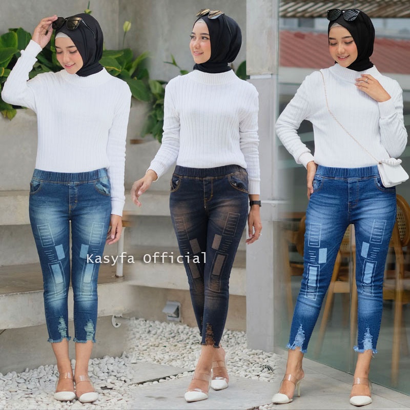 LEXY CELANA JEANS SOBEK 7/9 LASER KOTAK // LESLAR JEANS LEGGING FULL KARET