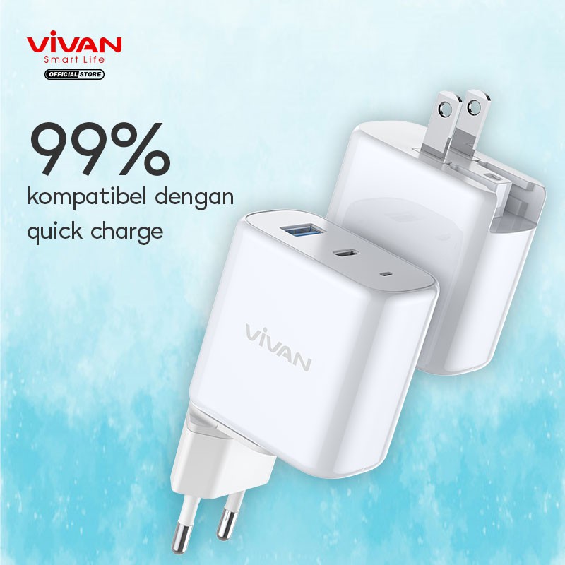 VIVAN Power Boost 2 Output USB &amp; Type C Travel Charger 45W 5A with AU/EU Plug Support Macbook