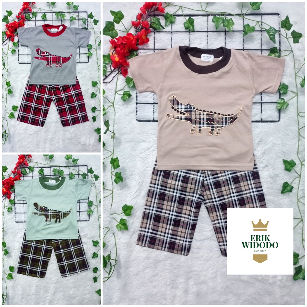 Baju Setelan Anak Laki Laki Murah Kaos Celana Lucu Amena Usia 6-18 Bulan