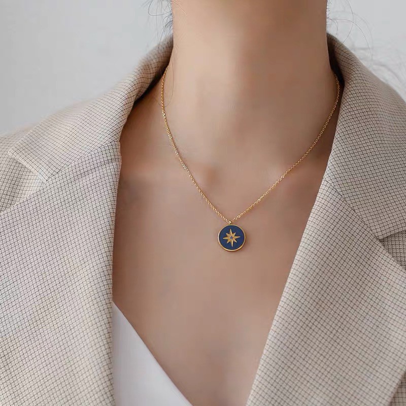 Kalung Desain Disk Enamel Warna Biru | Kalung Rantai Dengan Liontin Bintang Untuk Wanita | Aksesoris Bahan Titanium Steel 18K Warna Rose Gold | Perhiasan Bahan Stainless Steel