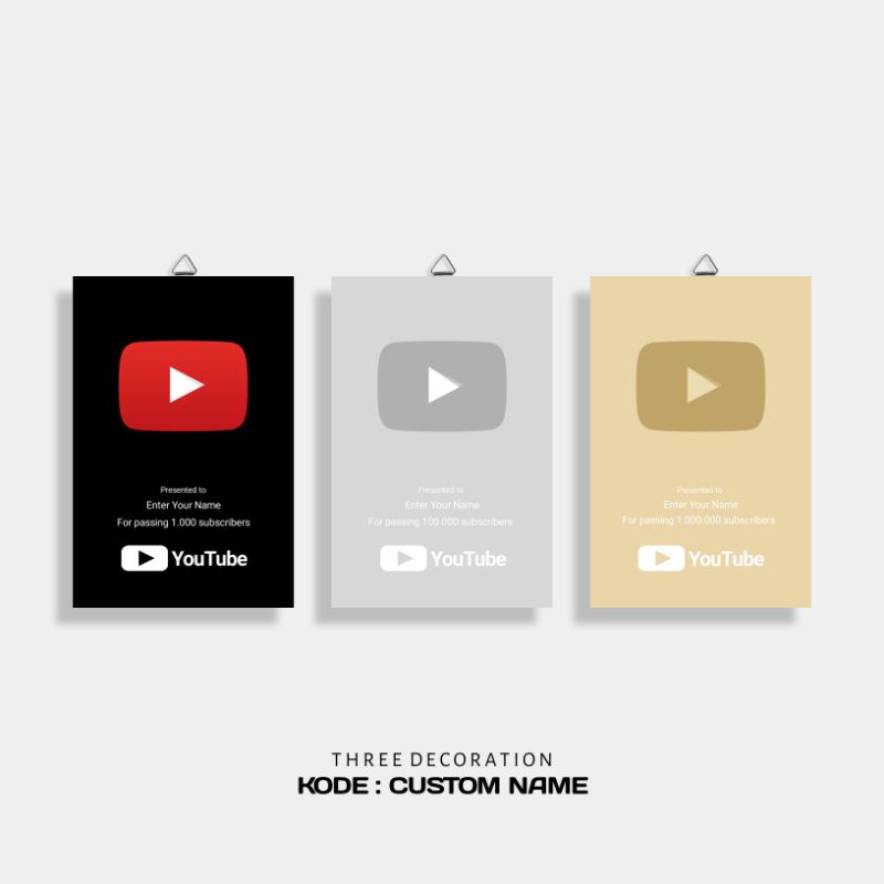 Three Decoration YouTube Silver Play Button Gold Play Button Hiasan Dinding YouTube Tiruan Walldecor