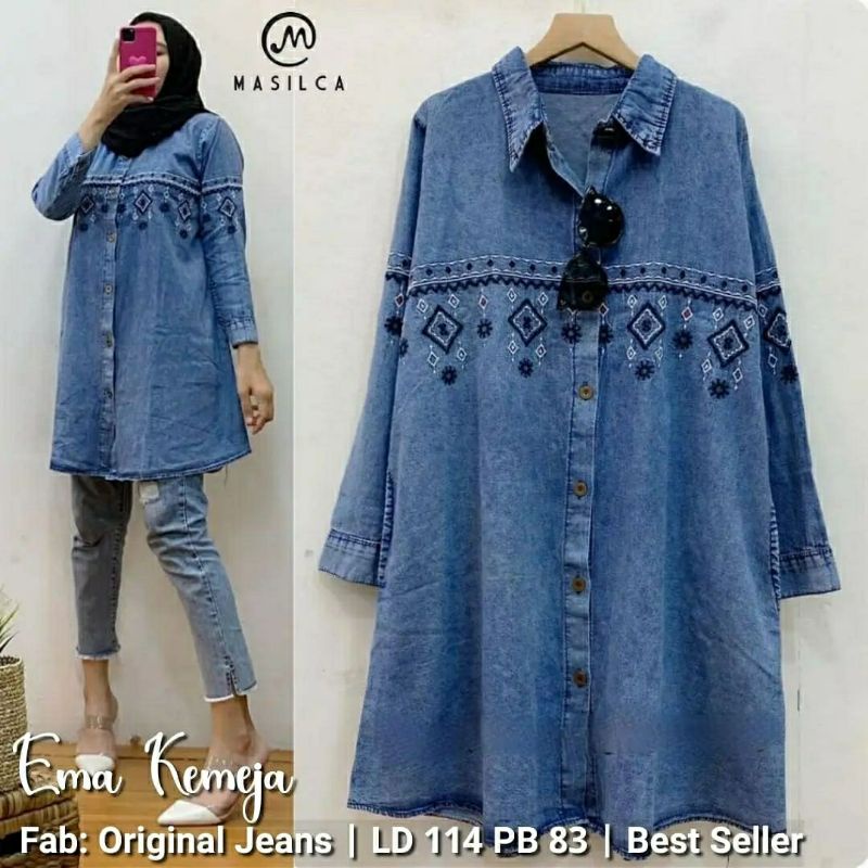 Ema Kemeja Tunik, TUNIK JEANS WANITA CANTIK FIT XXL LD 114 BAHAN JEANS WASH IMPORT MIX BORDIR TERMURAH OOTD