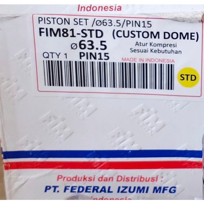 Piston Kit FIM FIM81 63.5/64/64.5/65 Pin 15 Custome Dome Mentahan CBR CB150R Old GL Megapro Tiger Mio-63.5