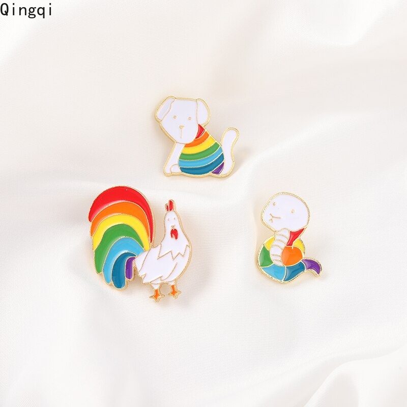 Bros Pin Enamel Desain Kartun Hewan Ayam Ular Babi Pelangi Untuk Hadiah Anak