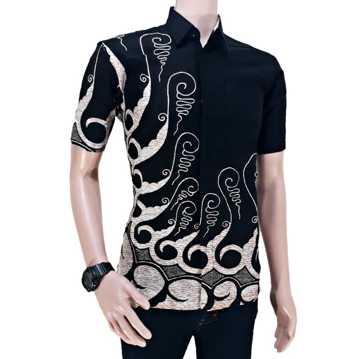 kemeja batik pria km37 motif anak muda modern | BATIK PEKALONGAN - Hitam- M