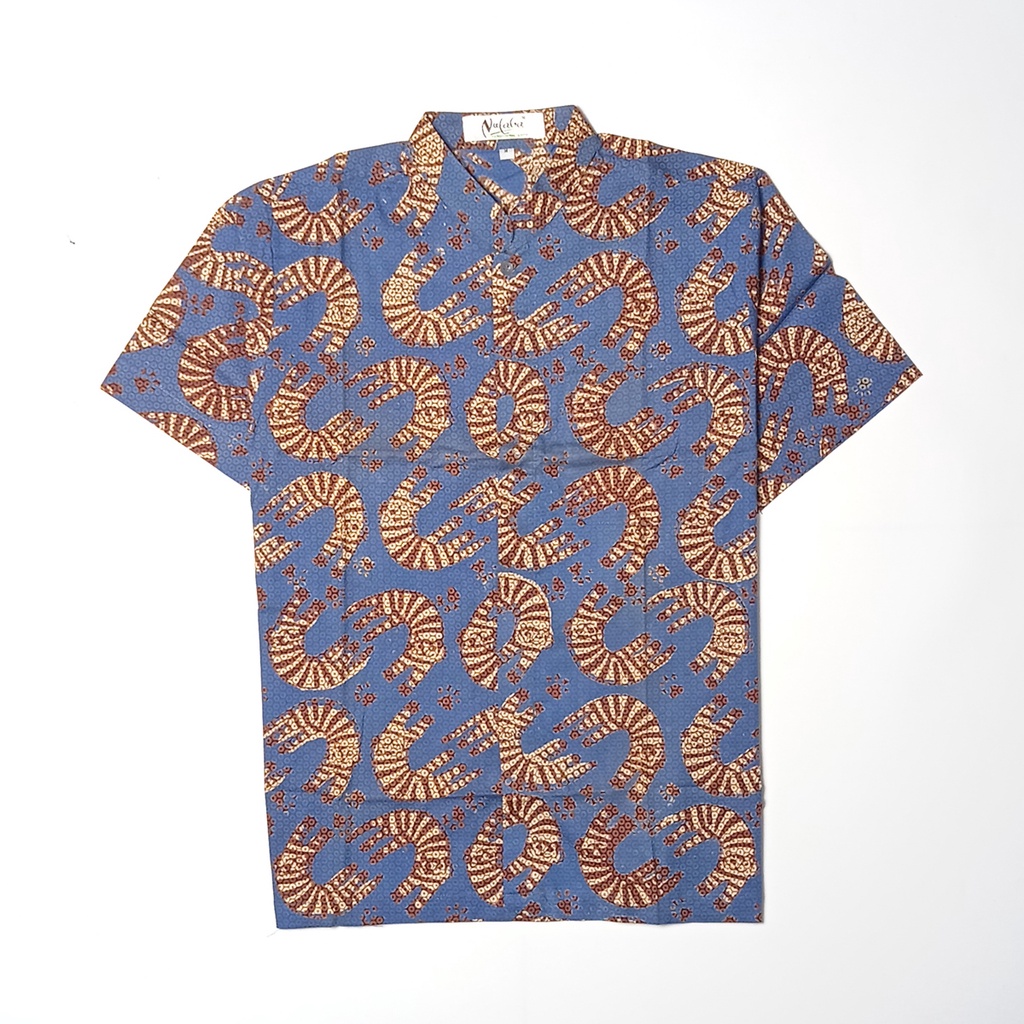 Kemeja Baju Batik Pria Lengan Pendek Cap Biru Abu abu