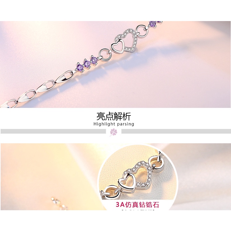 Perhiasan Gelang Berlian 925 Silver Plated Amethyst Bentuk Hati Gaya Korea Untuk Wanita