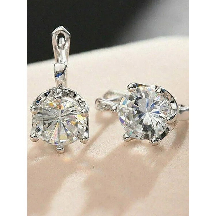 Anting Hoop Cubic Zirconia Bentuk Bulat Warna Silver Untuk Wanita