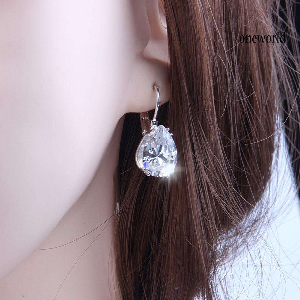 OW@ Women Teardrop Cubic Zirconia Inlaid Dangle Leverback Earrings Jewelry Gift