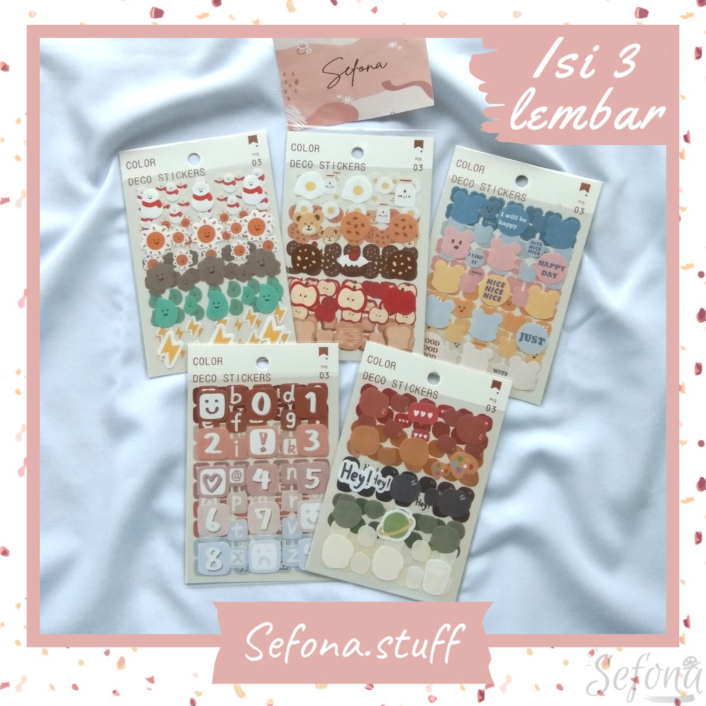 

3 Lembar Sticker Sheet Beruang / Food / Deco Transparan Journal DIY Scrapbook Aesthetic Lucu Murah
