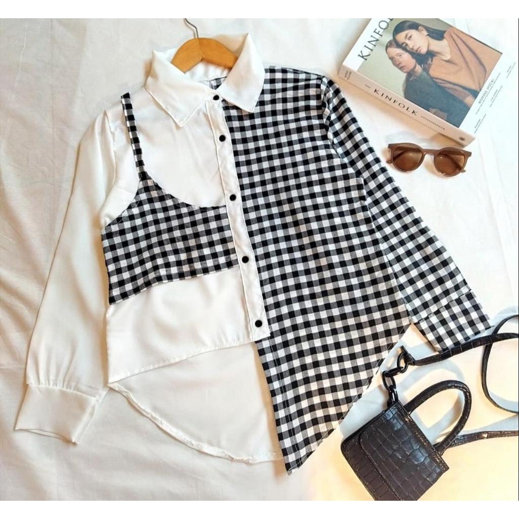 1KG MUAT 5PCS | OMMY CUBI BLOUSE MONOCHROME TARTAN COMBI KOREAN STYLE HITS OOTD SELEBGRAM FASHION