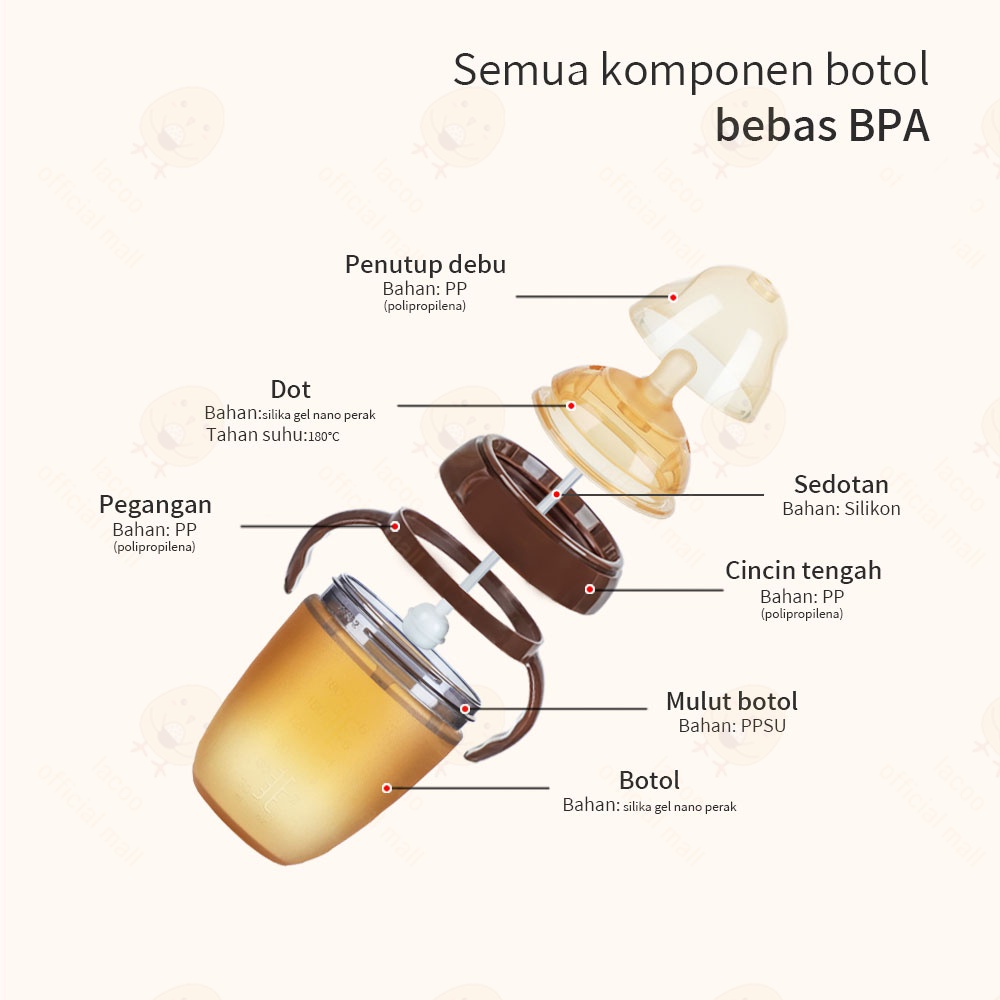 Lacoo PIKO botol susu bayi BPA free Botol bayi coklat dengan pegangan