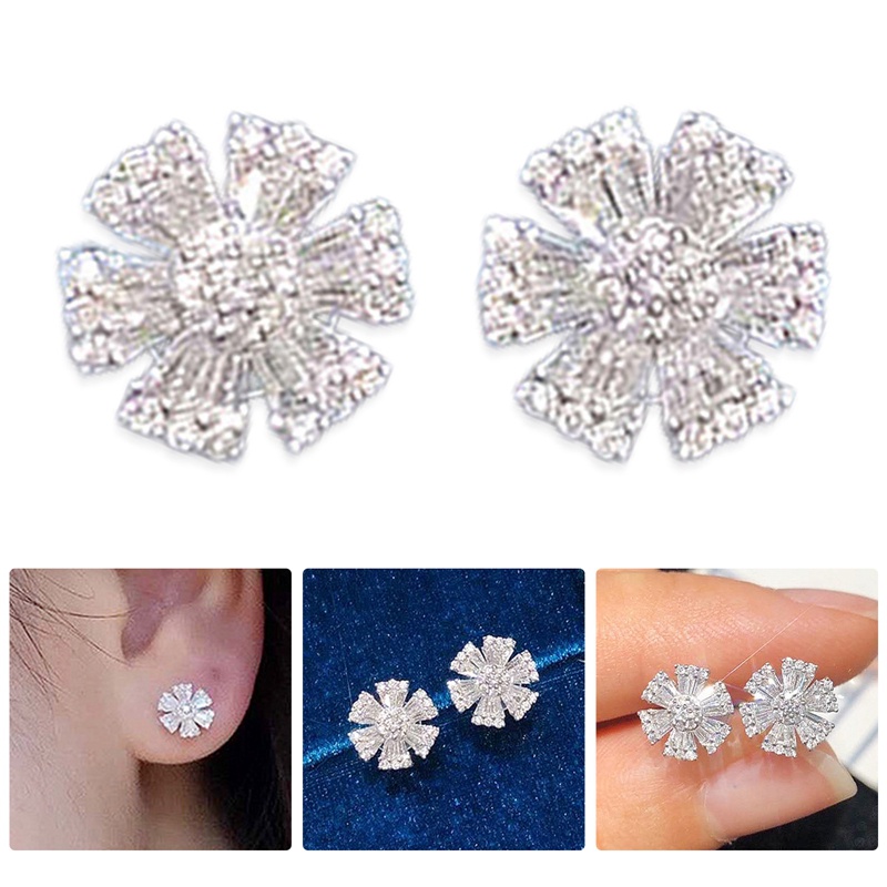 Anting Stud Kristal Cubic Zirconia Bentuk Bunga Warna Silver Untuk Wanita