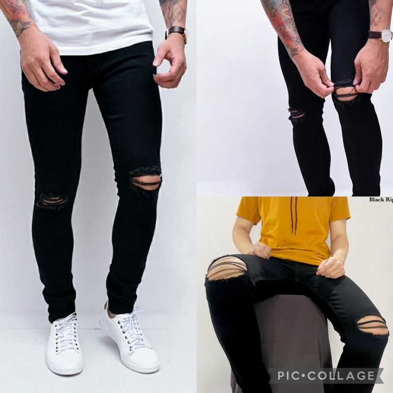 celana jeans panjang sobek pria hitam - JENS SOBEK LUTUT BY XPD