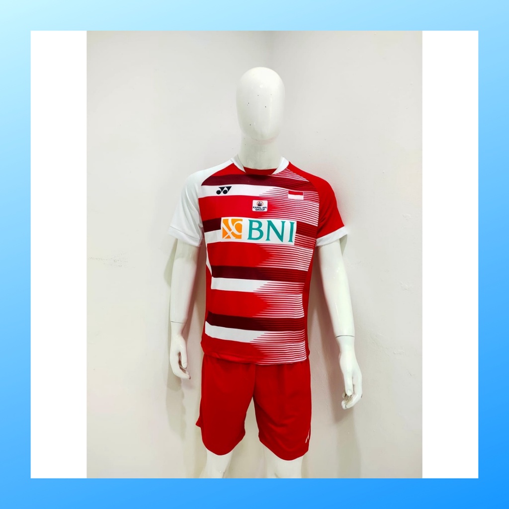 Kaos badminton pria jersey bulutangkis baju dan celana setelan wanita dewasa t-shirt outfit seragam jarsey kostum olahraga pakaian apparel sport jersy bulu tangkis casual jersi sudirman cup suit Y167 merah sponsor