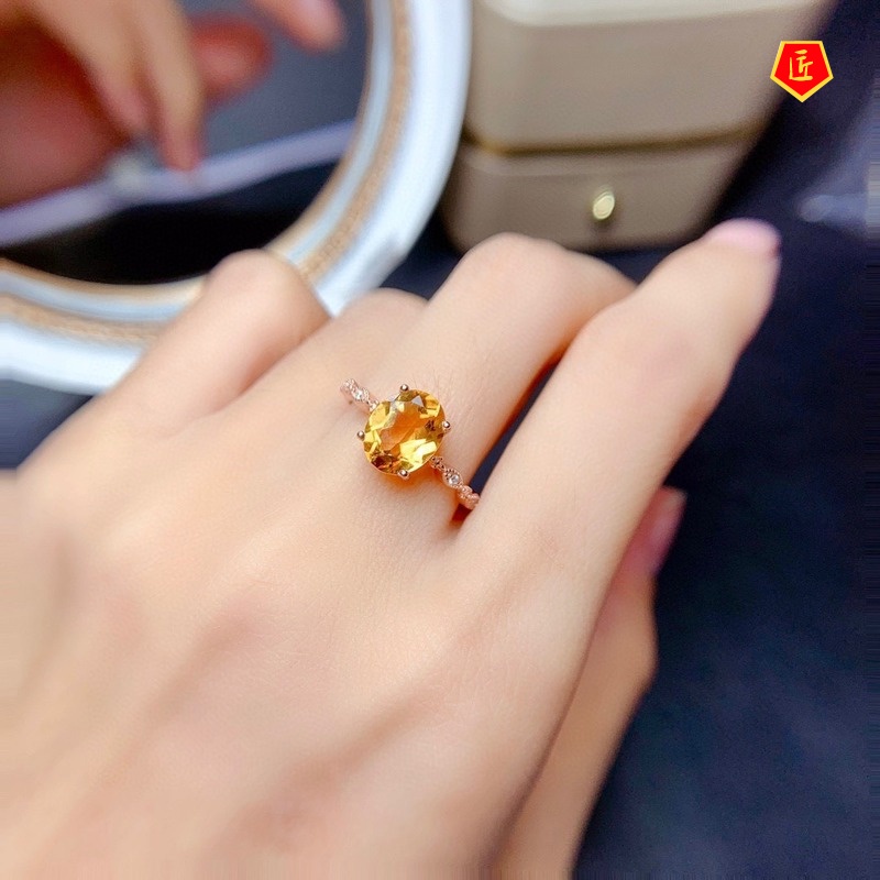 [Ready Stock]Elegant Women's Natural Oval Citrine Ring 18K Rose Gold