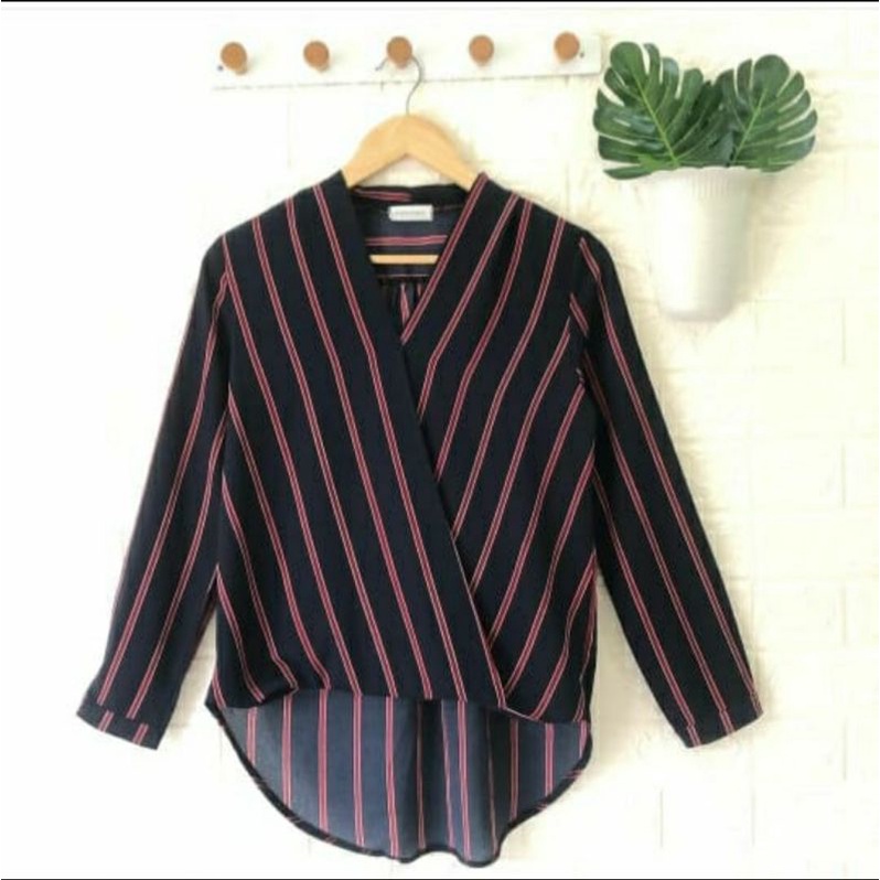 Navy Stripe V Neck Blouse
