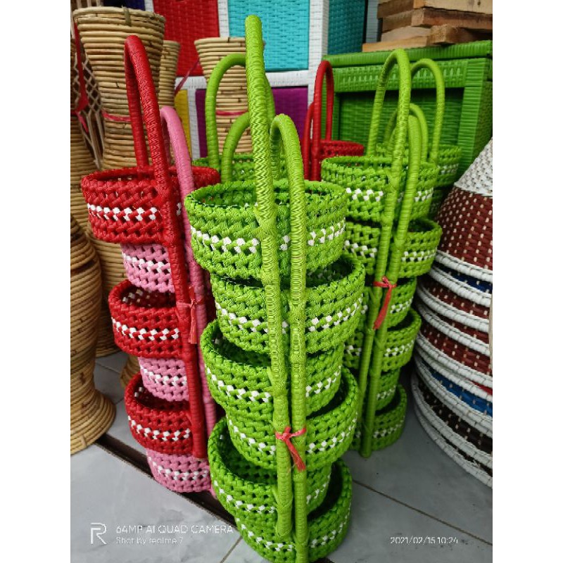 Keranjang bumbu rak 3 susun ketupat rotan sintetis