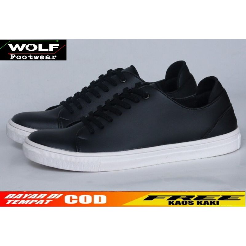 TROY BLACK |WOLF x HEROES| Sepatu Sneakers Pria Kulit Casual Hitam Kasual Sepatu Polos Sporty BW White Fullblack