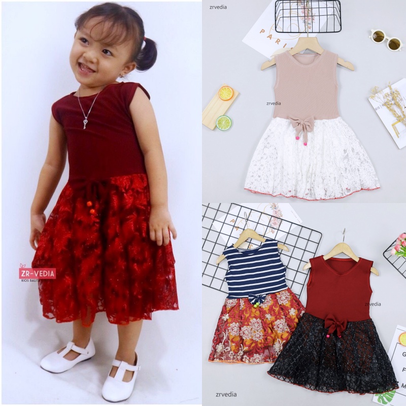 Dress Zevana Uk 1-2 Tahun / Gaun Pesta Balita Baju Kids Import Dres Brukat Kensi Anak Perempuan