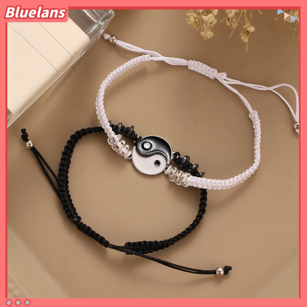 2 Pcs Gelang Rajutan Tangan 2 Matching Yin Yang Aksen Berlian Imitasi Berkilau Dapat Disesuaikan Untuk Pasangan