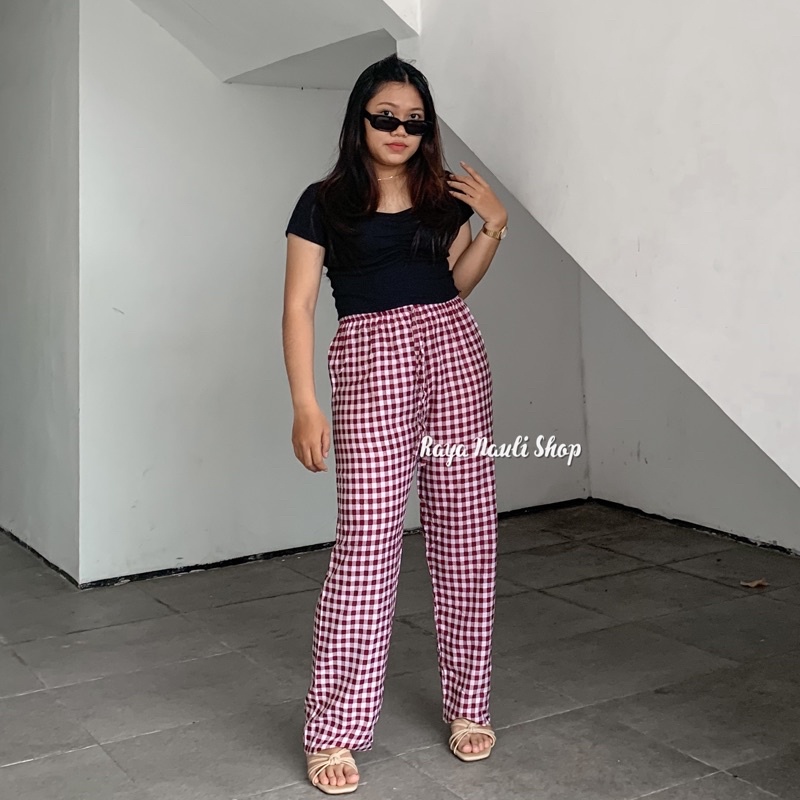 Kulot Motif Bali Rayon Premium-Kulot Kotak Maroon