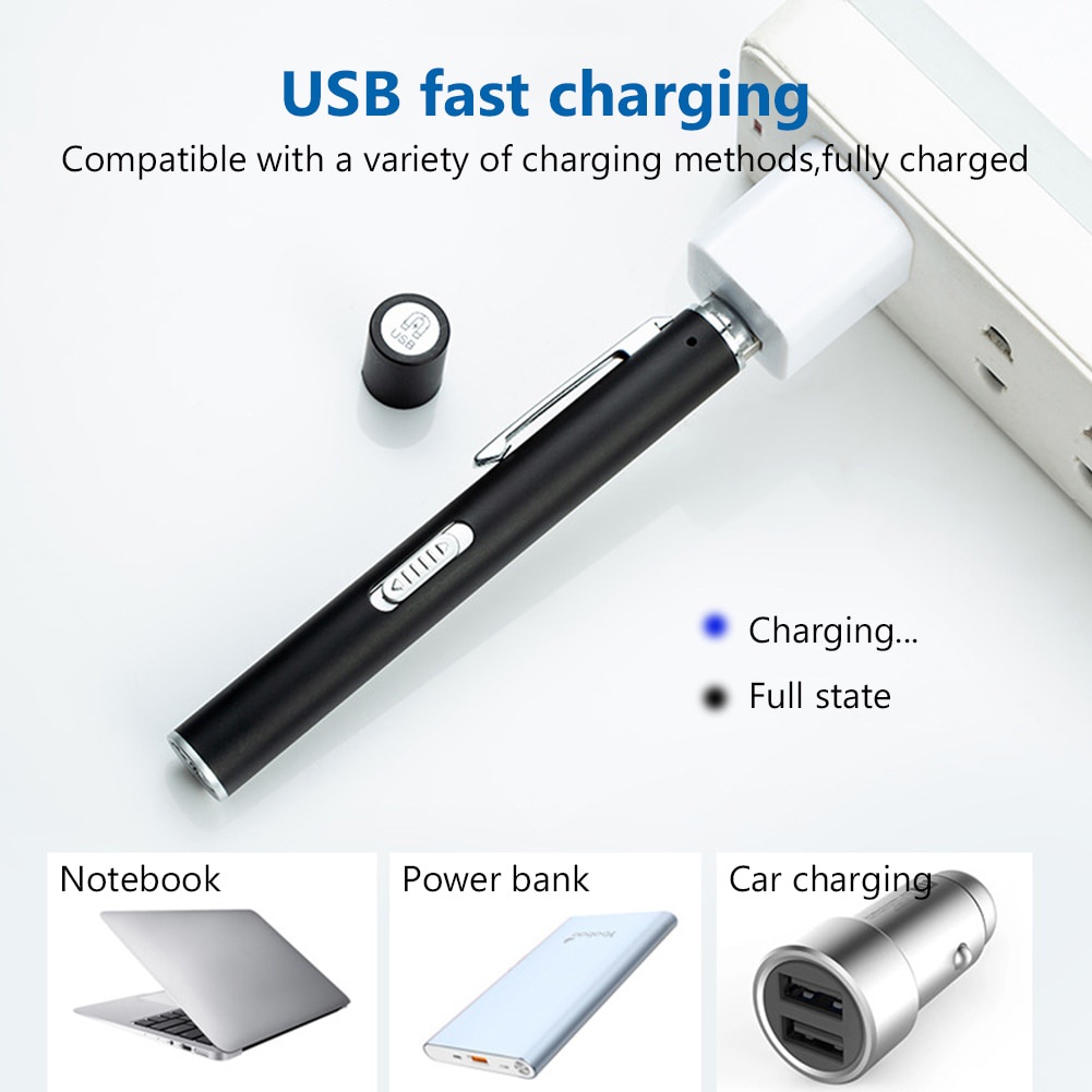 Mini LED Pen Flashlight Dual Light Source Stainless Steel USB Rechargeable Portable Pen Lamp