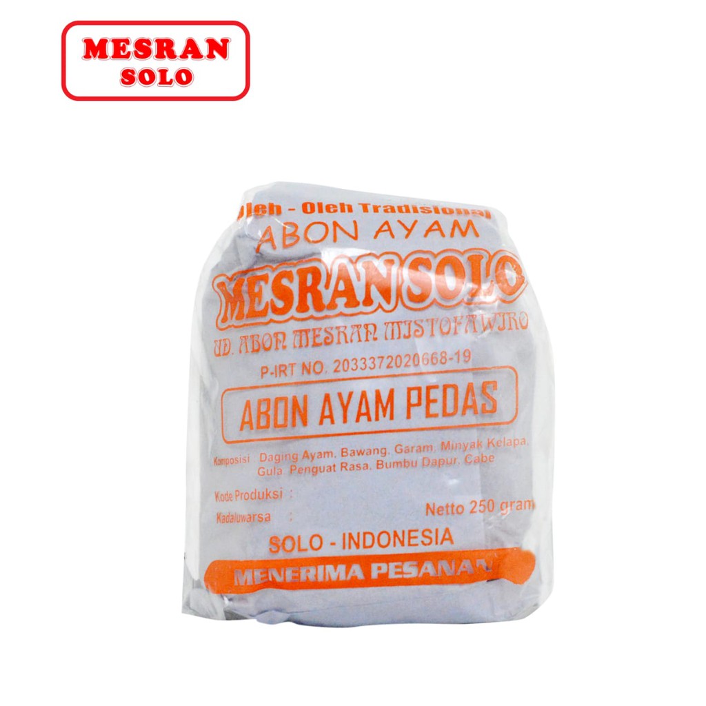 

ABON AYAM PEDAS MESRAN 250gr MAKANAN KERING KHAS SOLO