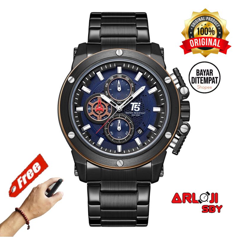 JAM TANGAN PRIA T5 H3854 CHRONOGRAPH ORIGINAL FREE BOX PAPPER BAG BONUS GELANG TANGAN KAYU