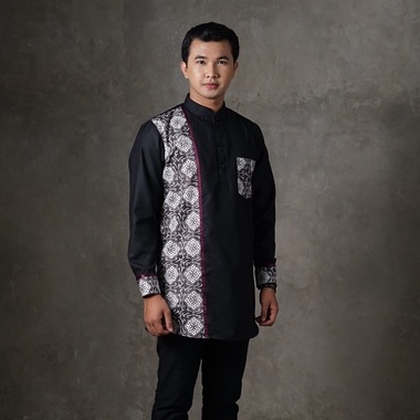 Baju Muslim Pria Koko Kurta Pakistan Lengan Panjang Kerah Shanghai Warna Hitam Abu Kombinasi Batik M