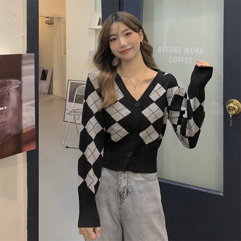 XIAOZHAINV  Cardigan Rajutan Wanita Korean Style V-neck Lengan Panjang 7064