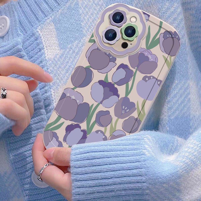 Soft Case Silikon Motif Bunga Tulip Ungu Untuk IPhone 12 13 11 Pro Max X Xs Max Xr 7 8 Plus Dkmn