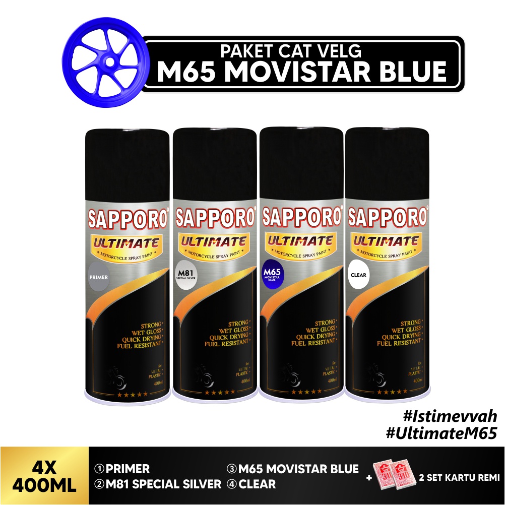 Paket Cat Velg M65 Movistar Blue +FREE Kartu Remi/Sapporo Ultimate/Cat Spray Semprot Aerosol Terbaik