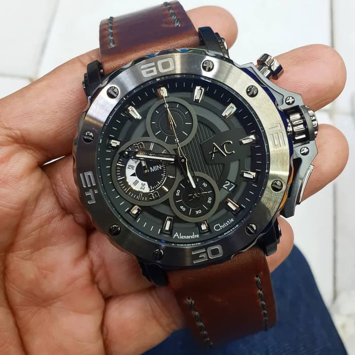 jam tangan pria alexander cristie ac9205 black leather brown