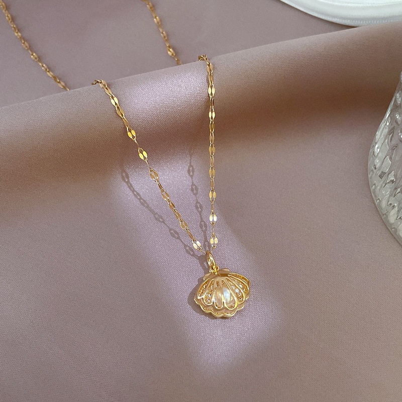 Kalung Rantai Lapis Emas 18K Dengan Liontin Kerang + Mutiara + Berlian Imitasi Untuk Wanita