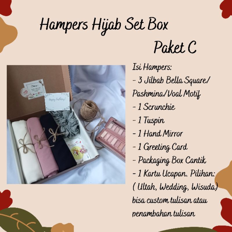 

HAMPERS RAMADHAN/HAMPERS LEBARAN/HAMPERS HIJAB/GIFT BOX HIJAB/KADO ULANG TAHUN/KADO ANNIVERSARY/KADO WISUDA/HADIAH/PART 2