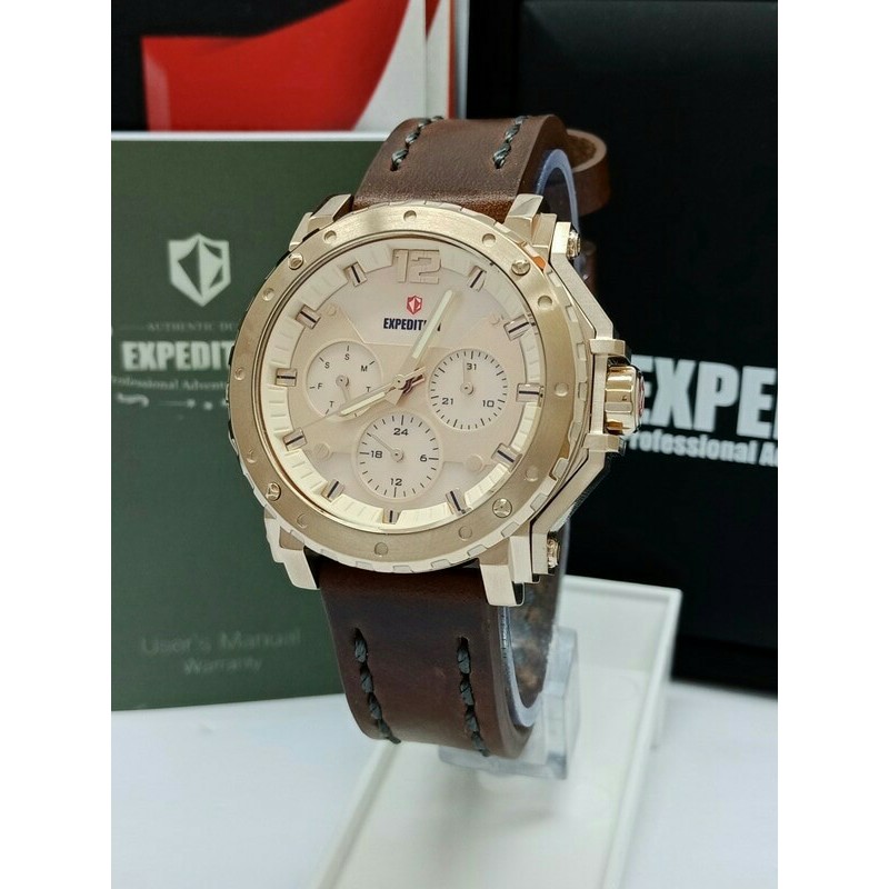 JAM TANGAN EXPEDITION WATCH 6402 WANITA FULL ROSEGOLD LEATHER BROWN ORIGINAL