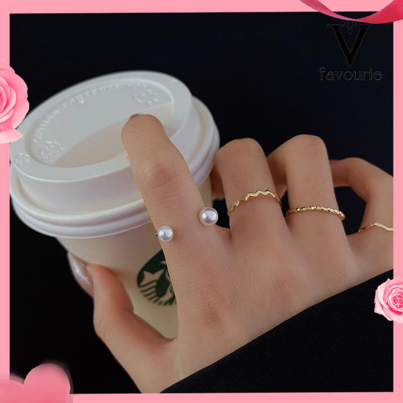 [COD]4 Pcs/set Korea Cincin Emas Untuk Wanita Sederhana Mutiara Elegan Cincin Set Dapat Disesuaikan Terbuka Perhiasan Hadiah-FA