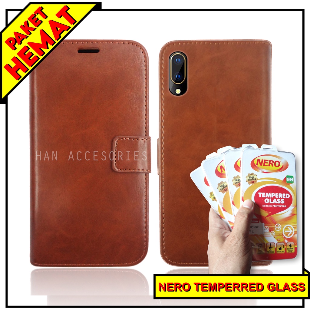 (PAKET HEMAT) Fashion Selular Flip Leather Case VIVO V5/V7/V7+/V9/V11/V11i/V11 PRO Flip Cover Wallet Case Flip Case + Nero Temperred Glass