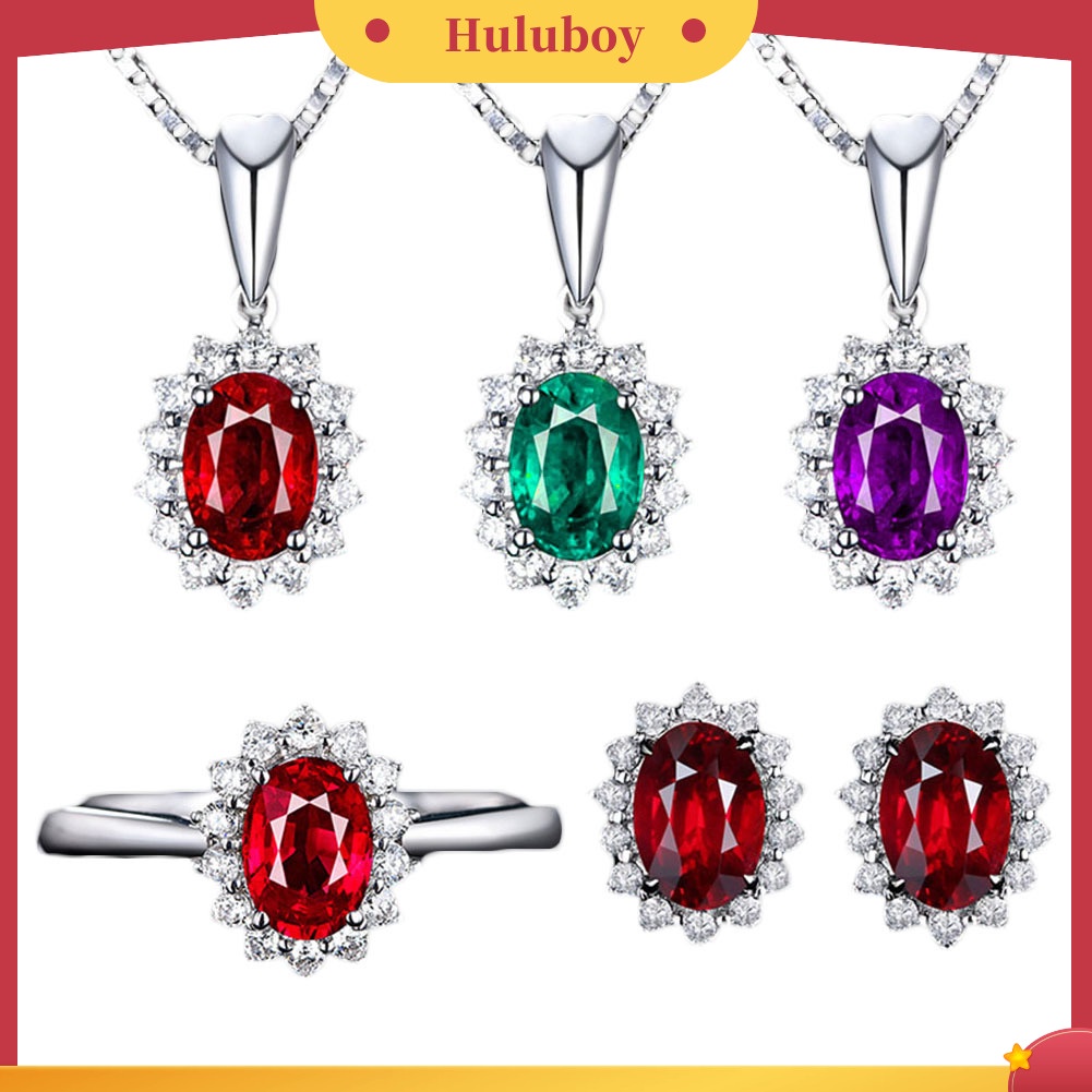 Hu Hu Hu Hu Hu Alat Bantu Pasang Kacamata♡ Set Perhiasan Kalung Anting Cincin Model Terbuka Liontin Oval Aksen Berlian Imitasi Untuk Wanita