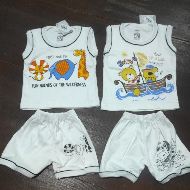 Baju Bayi Setelan Kutung Gondil Arno TGS Putih 3-12 Bulan Bahan Katun Gambar Sablon Print