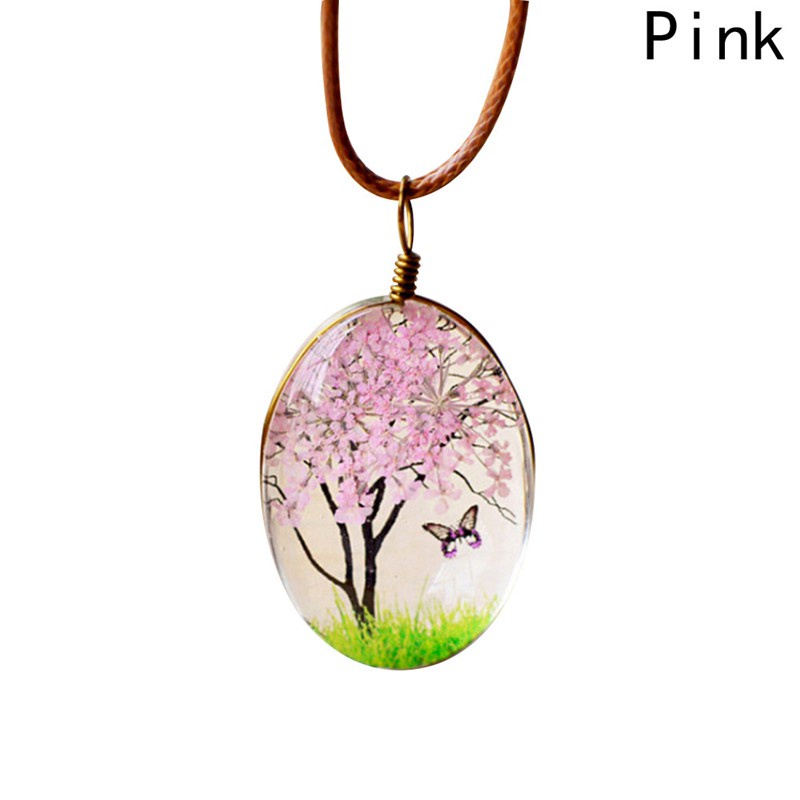 Women'S Lifelike Tree Of Life Oval Shape Amber Pendant Necklaces Handmade Glass Plant Necklace