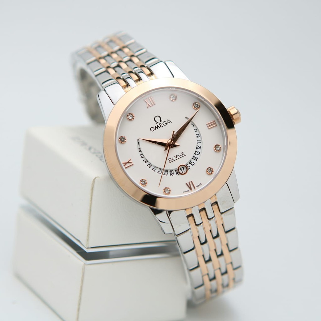 Jam Tangan Pria Wanita Analog Fashion Omega Premium Kaca Sappire Tanggal Rantai