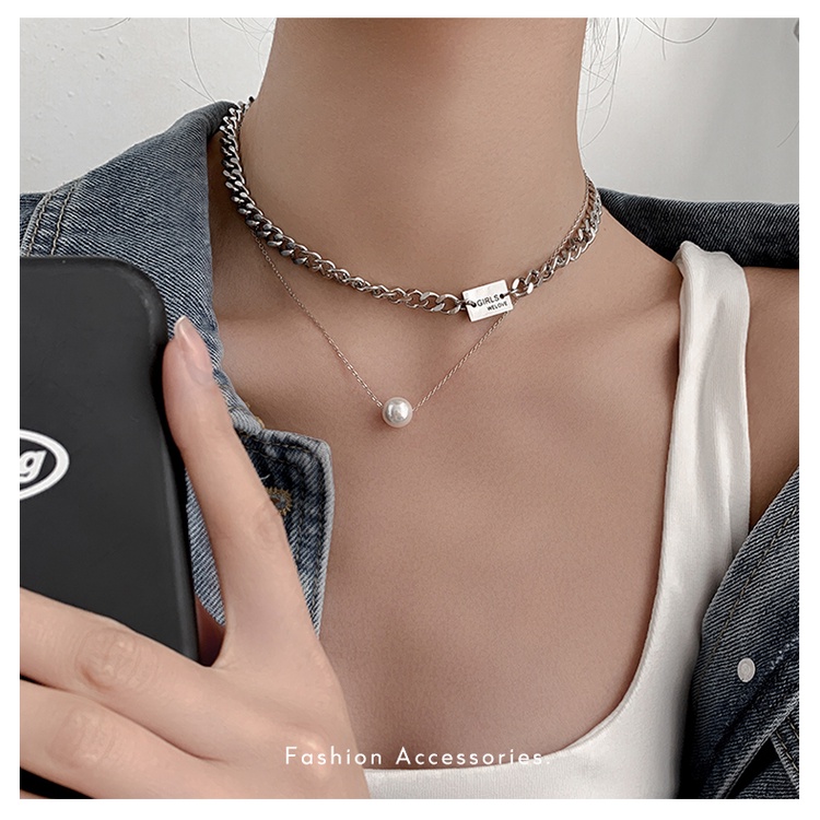 Kalung Rantai Klavikula Model Double Layer Aksen Mutiara Untuk Aksesoris