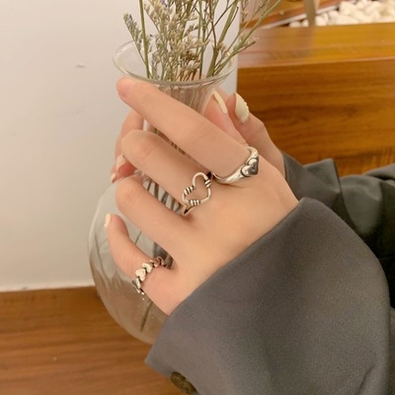 3pcs / Set Cincin Jari Bentuk Hati Bahan Logam Gaya Vintage Punk Untuk Wanita