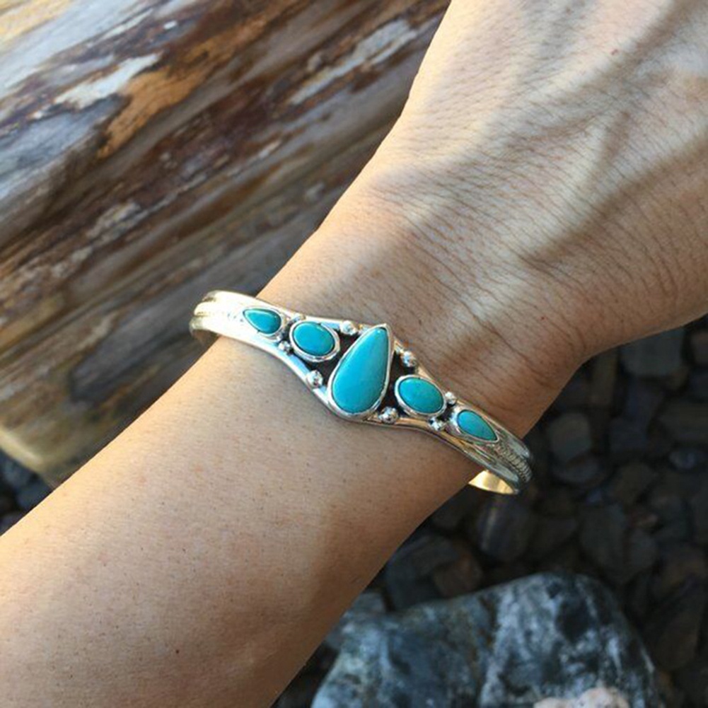 Hu Hu Hu Hu Hu Alat Bantu Pasang Kacamata♡ Gelang Bangle Open Vintage Bohemia Hias Batu Turquoise Imitasi Untuk Wanita