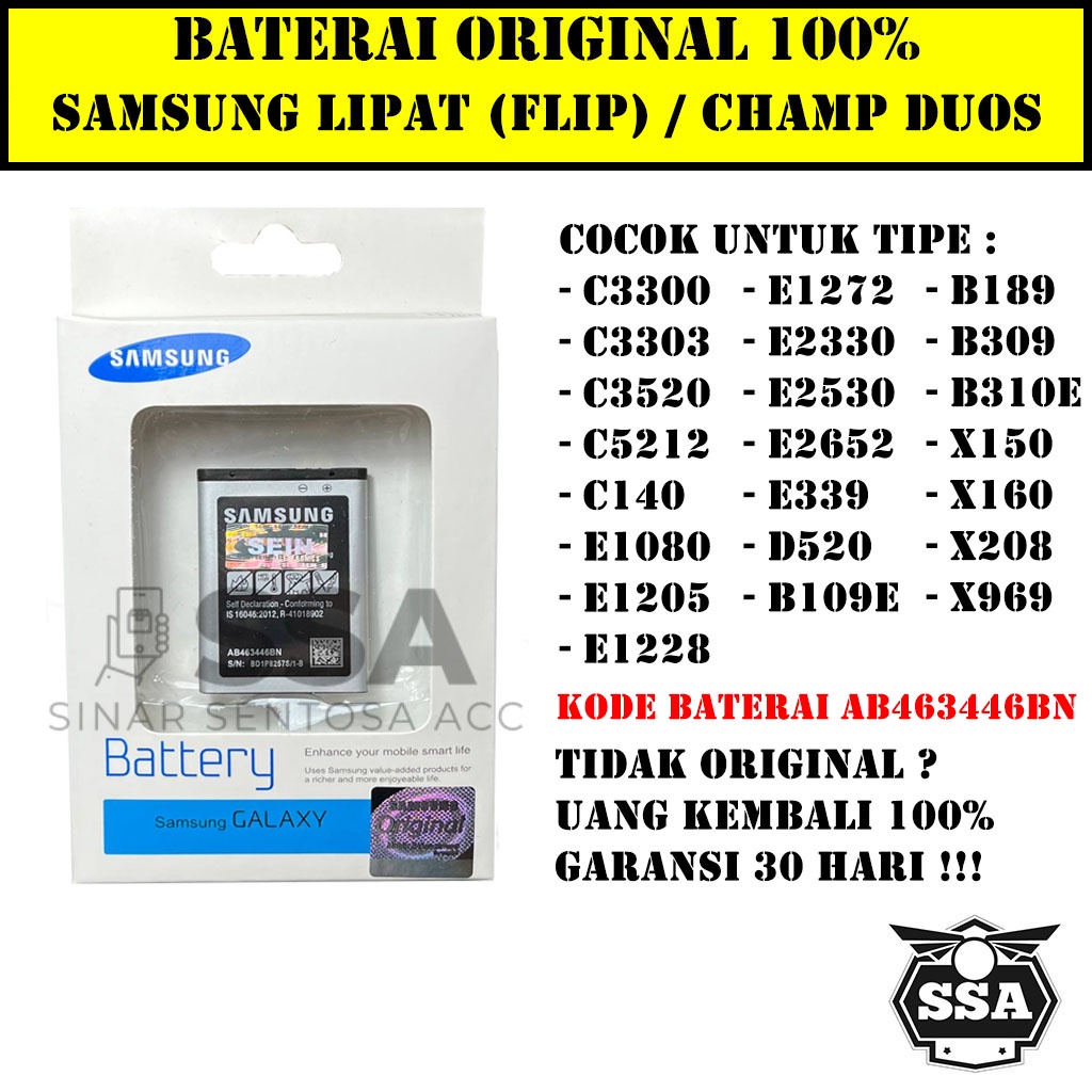 Baterai Original 100% Samsung Lipat Flip Champ Duos C3300 C3303 C3520 C5212 C140 E1080 E1205 E1228 E1272 E2330 E2530 E2652 E339 D520 B109E B189 B309 B310E X150 X160 X208 X969 Galaxy Ori HP Battery Batrai Batre Batu Batere GARANSI