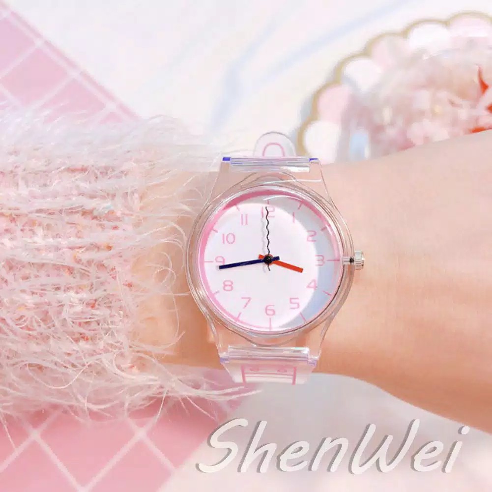 206 Jam Tangan Quartz Analog Dial Bulat Kecil Warna Transparan untuk Wanita