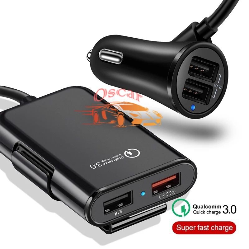 QC3.0 + 2.4A + 3.1A Charger Mobil Belakang Warna Hitam kabel 1.8m 4 SUB