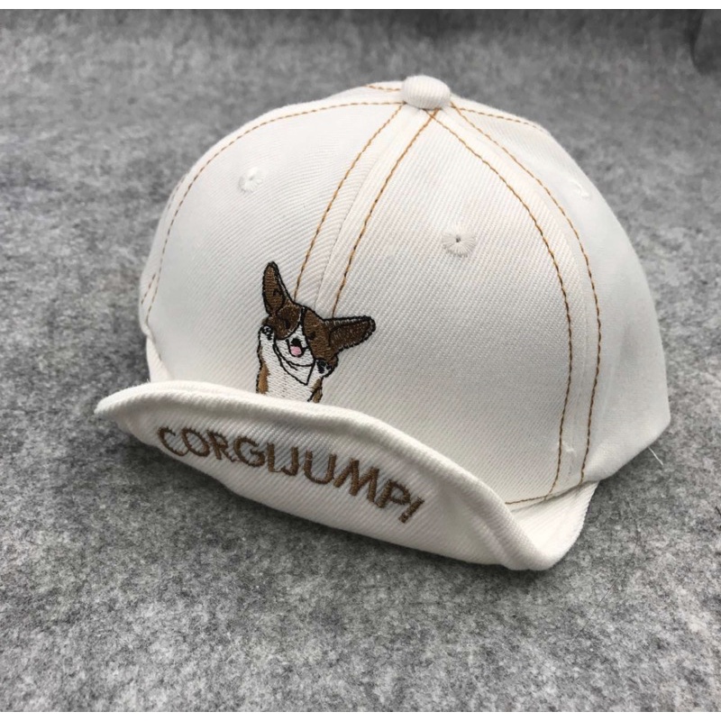 Topi Baseball Anak Bayi Balota Import Bahan Denim Model Corgi Jump-Putih